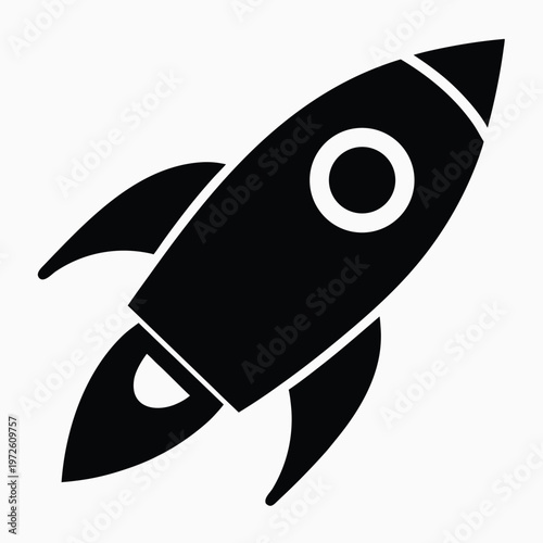 Black rocket icon, space shuttle symbol, launch vehicle graphic, modern design element