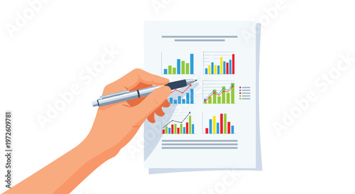 An isolated human hand holds a sleek silver pen while pointing at various colorful statistical bar charts and progress lines on a white paper sheet.