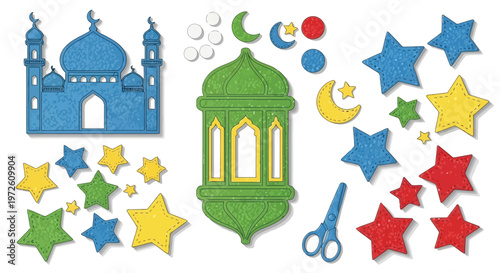 Islamic paper craft elements with mosque and crescent moon stickers isolated on white background