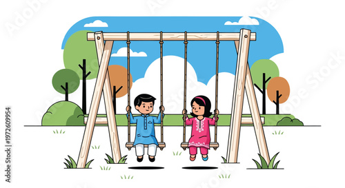 Happy children playing on wooden swing set in colorful park landscape isolated on white background