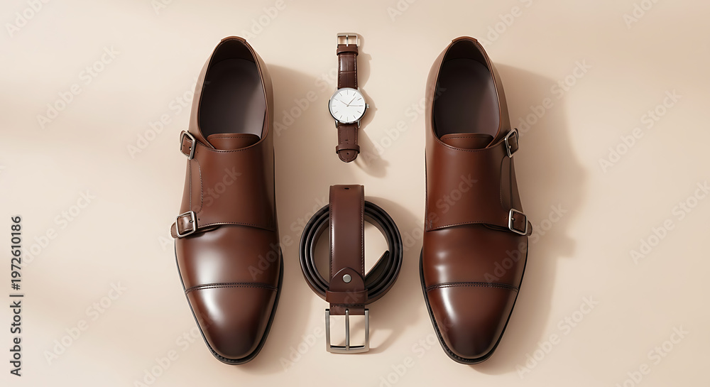 Fototapeta premium Flat Lay of Elegant Men's Fashion Accessories Including Brown Leather Double Monk Strap Shoes, a Wristwatch, and a Matching Leather Belt, Sophisticated Set for a Modern Gentleman on a Beige Background