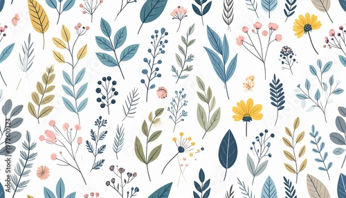 Hand drawn botanical seamless pattern with elegant blue leaves and yellow flowers on white background for modern textile and wallpaper design