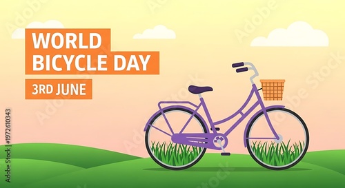 World bicycle day 3rd june illustration with a purple bike on green grass