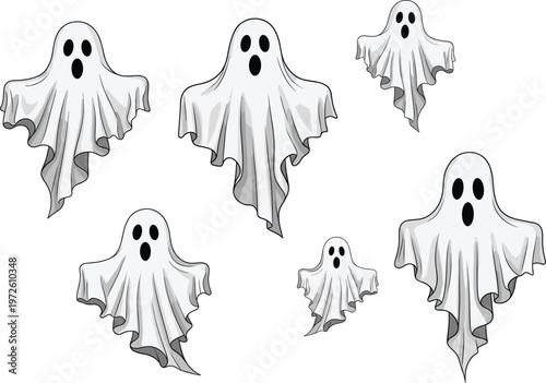 Spooky White Ghost Vector Set with Scary Expressions for Halloween Party Decorations, Haunted House Graphics, Horror Themed Invitations, and Festive Seasonal Digital Media Designs