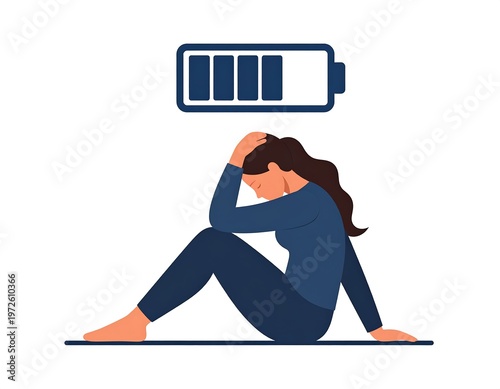 Woman feeling exhausted with low battery symbol overhead.