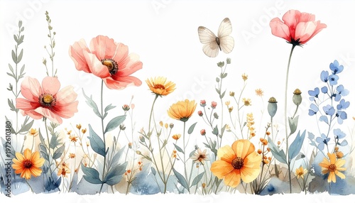Watercolor Wildflower Meadow Border with Pink Poppies Yellow Daisies and White Butterfly Illustration for Spring Background Banner Design