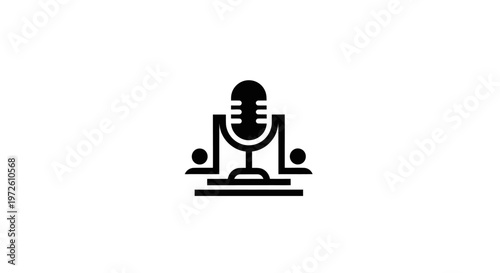 Podcast Microphone with Two People Icons Symbolizing Conversation and Broadcasting