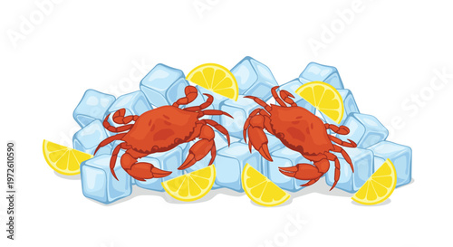 Two large succulent red crabs rest atop a pile of glistening ice cubes accompanied by several fresh yellow lemon slices on a clean white background.