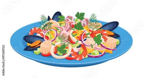 A bountiful seafood salad featuring pink shrimp dark mussels and white squid rings is served on a bright blue plate with fresh green herbs and onions.