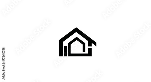 Minimalist black house logo on white background, abstract geometric real estate icon