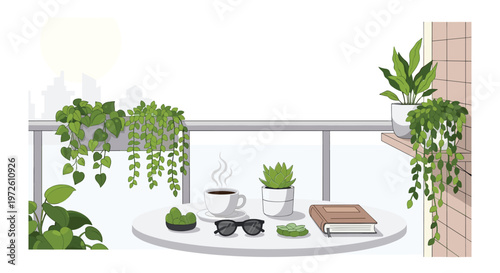 A serene modern balcony setting includes lush green trailing plants a steaming white coffee cup stylish sunglasses and a brown book under a bright morning sun.