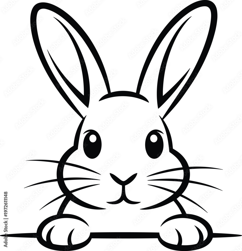 Obraz premium Cute rabbit icon illustration, bunny face drawing, animal character artwork, cartoon pet symbol, black and white design silhouette
