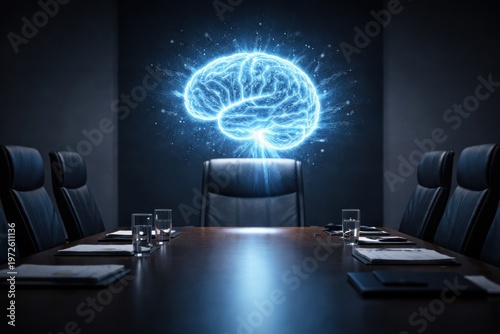 Brain illustration in modern conference room for creative brainstorming session