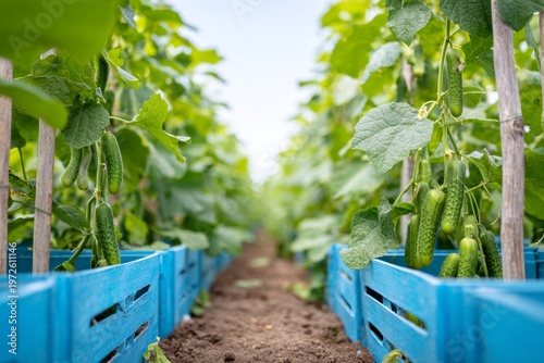 Sustainable urban farming and space-saving vertical gardening concept featuring ripe cucumbers in a greenhouse.