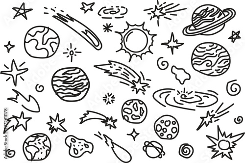 Hand-drawn doodles of planets and abstract cosmic elements, on white background