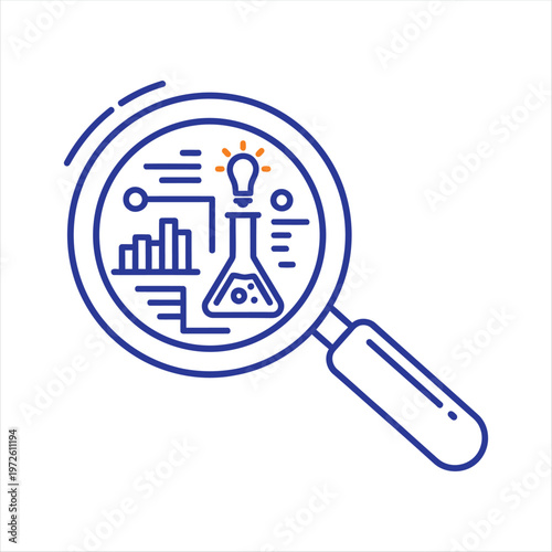 Magnifying glass focused on scientific charts and a flask represents data analysis, research, and the discovery of new insights.
