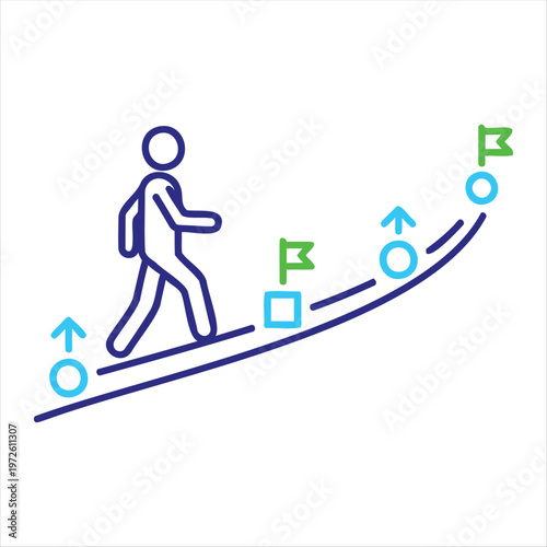 Person walking up a rising trend line with multiple flag checkpoints illustrates the journey toward achieving long-term personal and professional growth.