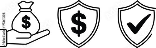 Free Download Finance icon set, money bag, dollar shield, security check symbol, banking illustration, insurance emblem, financial protection artwork, black and white design - GFXLoad