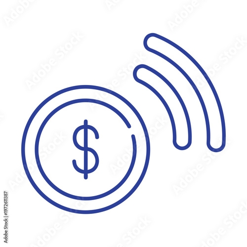 Coin with a dollar sign emits wireless signal waves to illustrate the concept of digital payments and contactless financial technology.