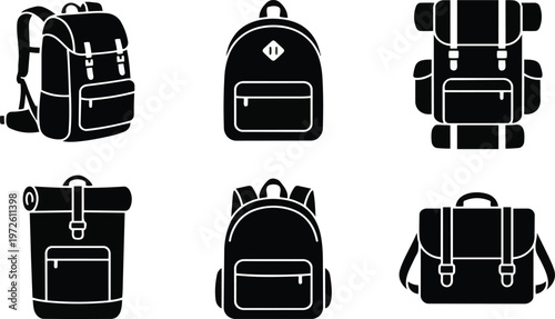 A set of six different backpacks and bags on transparent background
