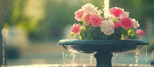 Serene Garden Fountain with Pink and White Flowers, Glistening Water, and Golden Sunlight Bokeh