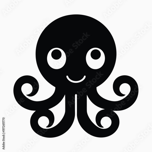 Photos Black octopus icon, smiling cephalopod, vector graphic, ocean creature