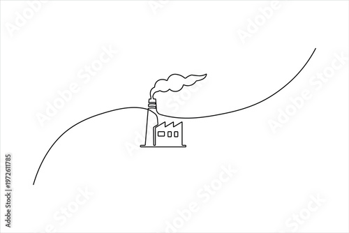 Minimalist continuous one-line drawing of a factory building with a gear and smoke, symbolizing industrial production and Labour Day.