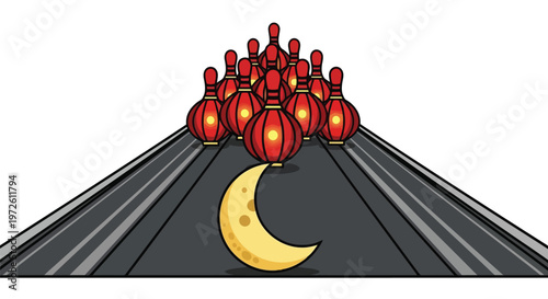 Bowling lane with red lanterns and crescent moon illustration isolated on white background