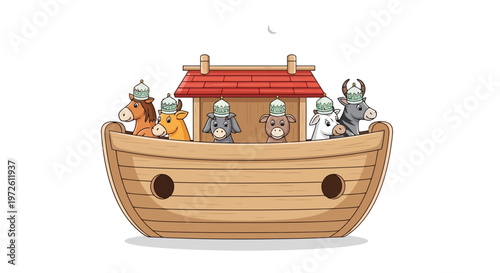 Wooden Noah ark boat with cute animals wearing traditional hats isolated on white background