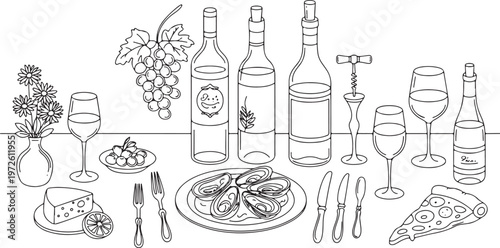 Wine and Food Party Table Setting Linear Vector Illustration - Wine Bottles, Glasses, Pizza, Cheese, Grapes, and Oysters Line Art Collection for Event Design.
