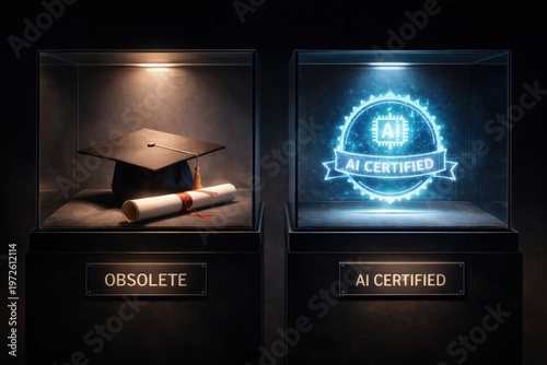 ai disruption concept, graduation cap and diploma labeled obsolete versus ai certified badge