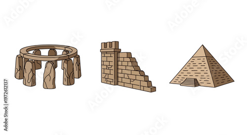Ancient stone structures and pyramid models.