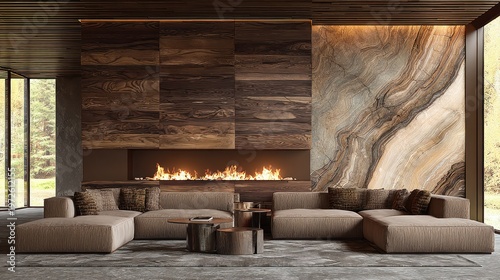 Luxurious modern living room features a long linear fireplace set against dark wood panels and striking natural stone