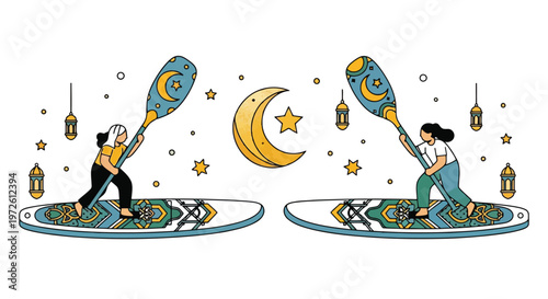Two women paddleboarding under crescent moon with festive lanterns isolated on white background