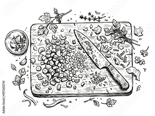 Hand drawn sketch of wooden cutting board with chopped vegetables herbs and knife vector illustration