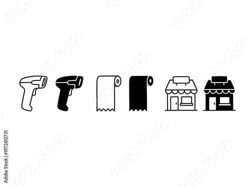 Retail shopping icon set showing barcode scanner paper receipt and storefront shop building vector design