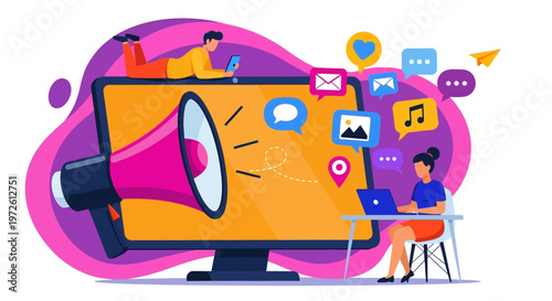 Modern digital marketing illustration with a large screen, megaphone, and social media icons, depicting online promotion, content creation, and audience engagement through technology platforms