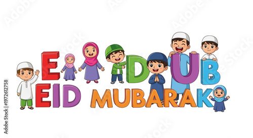 Happy Eid Mubarak greeting with cute cartoon children celebrating Islam's most important festival of sacrifice and joy