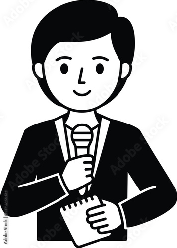 Reporter icon illustration, journalist holding microphone and notepad, news presenter symbol, media professional artwork, black and white design silhouette