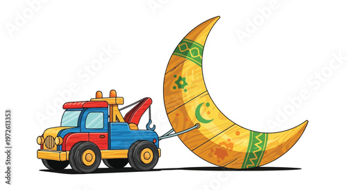 Cartoon tow truck pulling a large golden crescent moon illustration isolated on white background