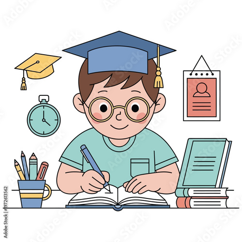 Cute cartoon boy student studying with books, clock, and graduation cap in a learning environment.