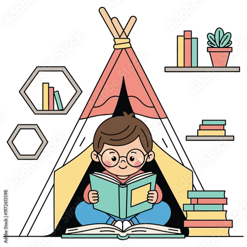 Little boy with glasses reading a book in a cozy tent surrounded by books and shelves.