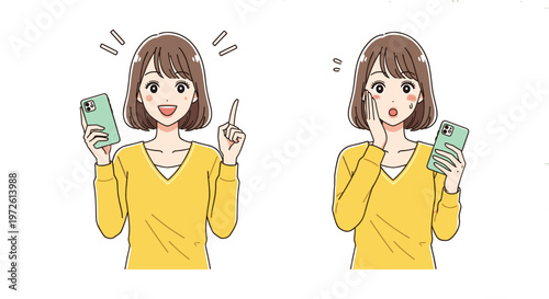 Cute Young Woman Icon Set Featuring Smartphone Expressions for Social Media, Communication, and Lifestyle Design Projects