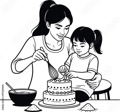 Title touching mother s day vector illustration mom and daughter baking a cake together description a heartwarming black and white vector illustration depicts