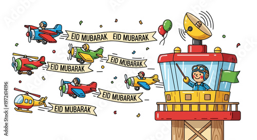 Cartoon air traffic controller managing festive Eid Mubarak planes isolated on white background