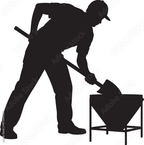 worker shoveling into a mixer black silhouette