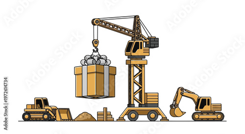 Construction crane lifting a large gift box for holiday logistics concept isolated on white background