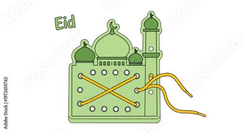 Green mosque shaped lacing toy for educational children Eid activities isolated on white background