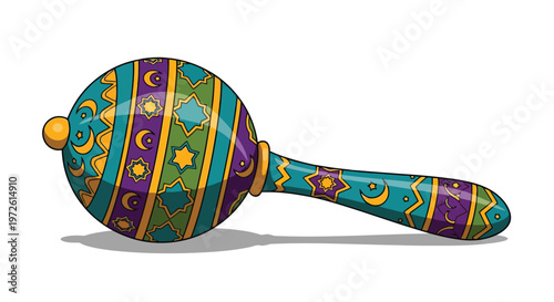 Colorful maraca with Islamic geometric star and moon patterns for kids isolated on white background