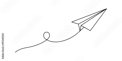 Continuous one line of flying paper airplane, symbol of freedom and creativity, style hand drawing vector illustration.